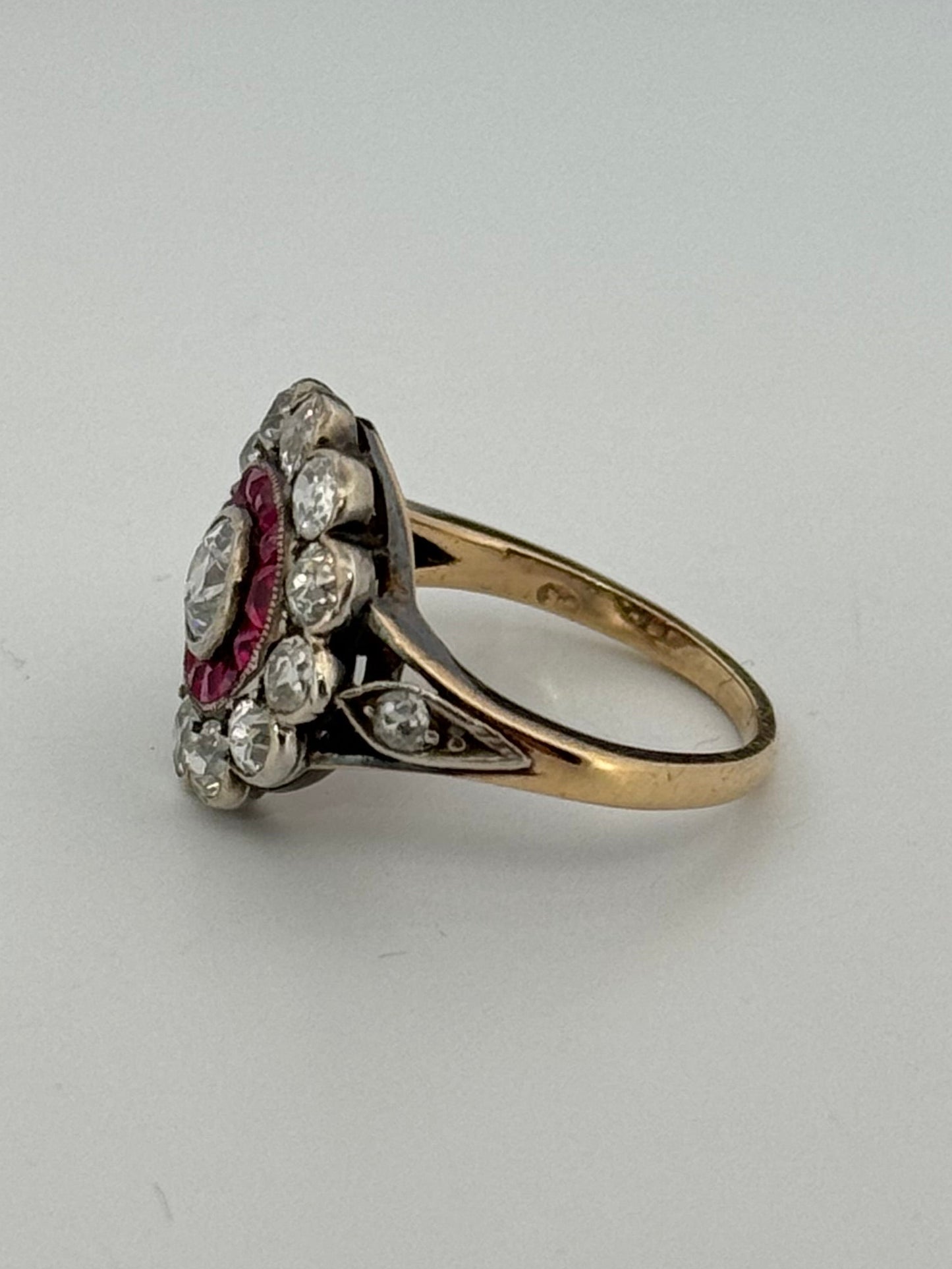 Antique Victorian 14k Silver Topped Halo Diamond and Ruby Ring Cluster