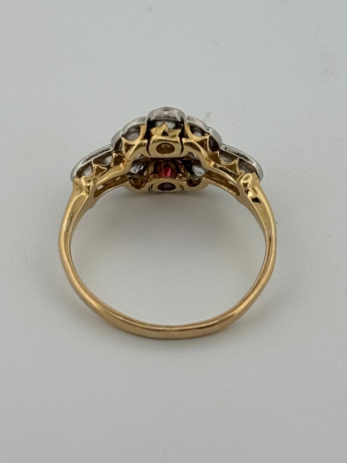 Edwardian 18kt Gold and Platnium Top Natural Diamond and Synthetic Ruby Ring