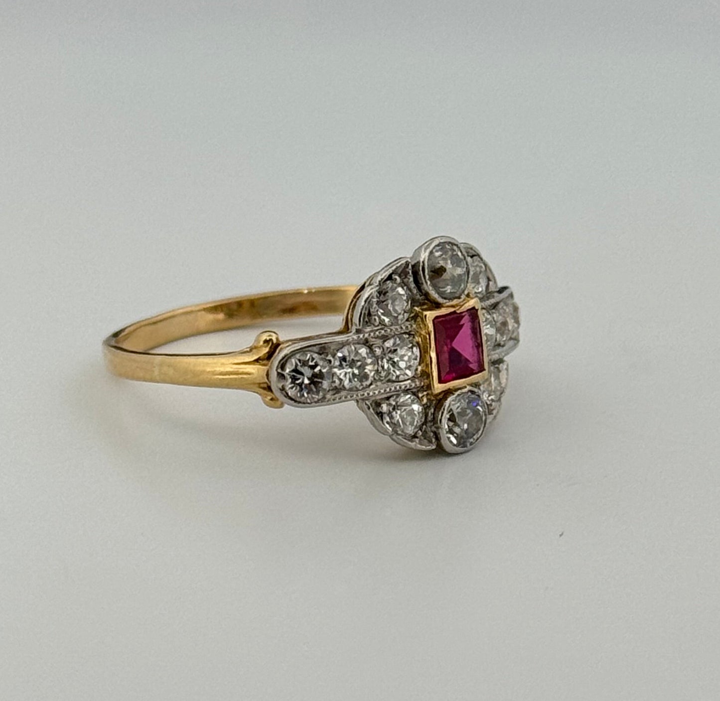 Edwardian 18kt Gold and Platnium Top Natural Diamond and Synthetic Ruby Ring