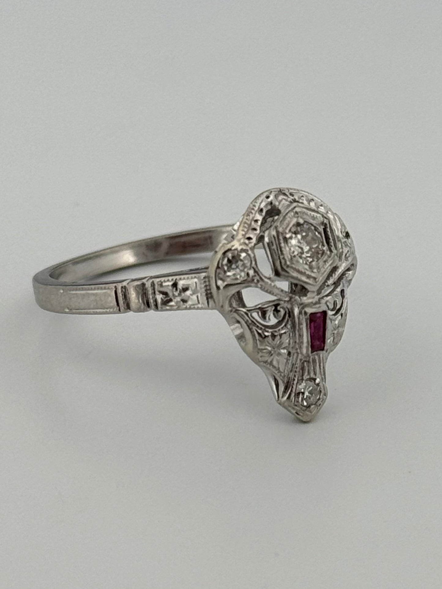 Antique Art Deco Skull Diamond Platinum/ 14kt topped Ring Synthetic Ruby
