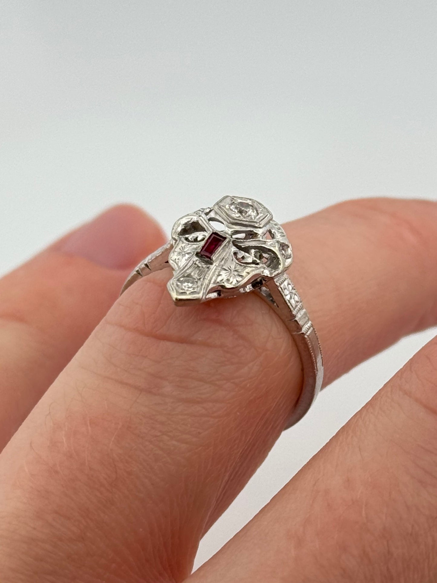 Antique Art Deco Skull Diamond Platinum/ 14kt topped Ring Synthetic Ruby