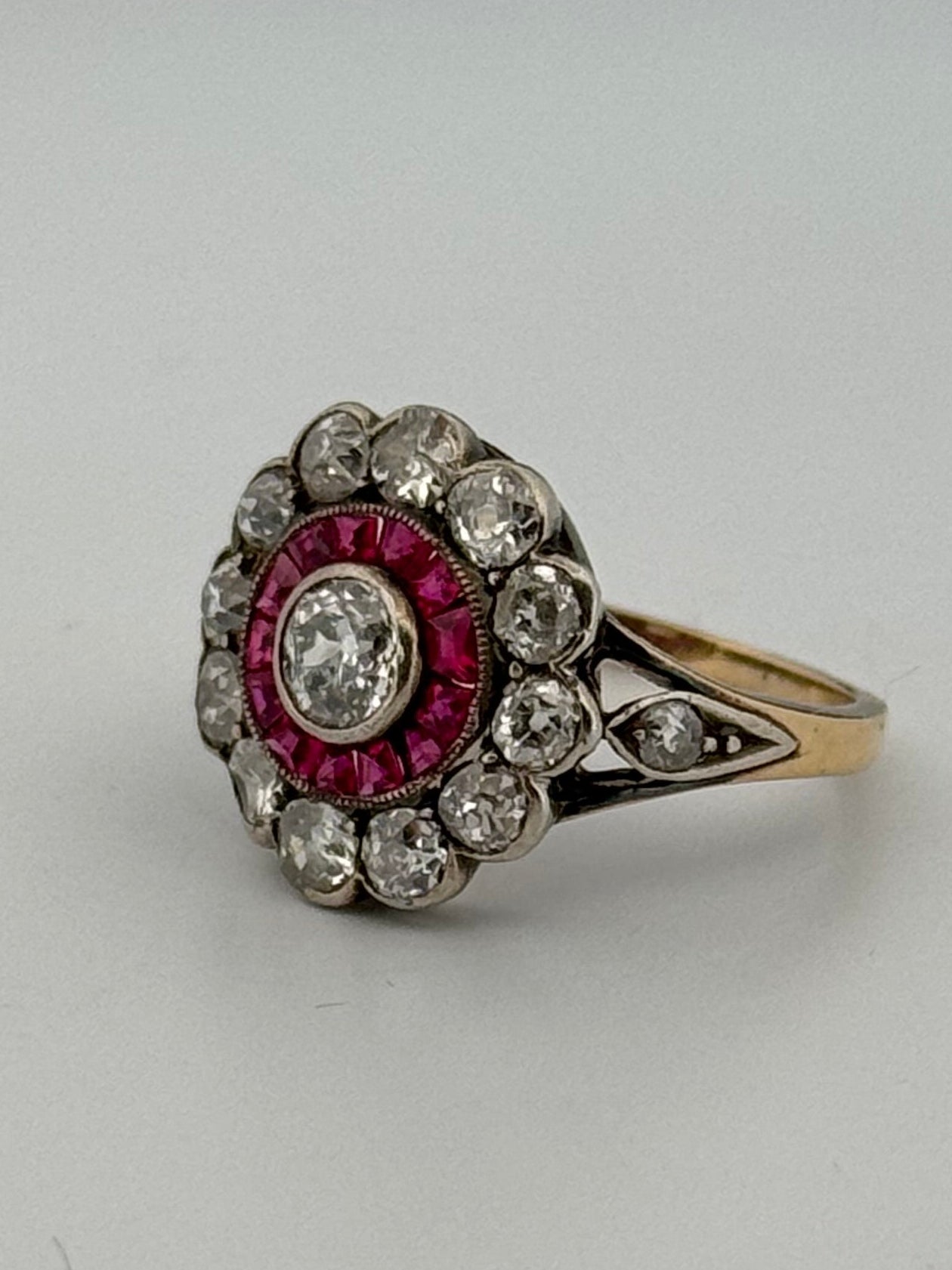 Antique Victorian 14k Silver Topped Halo Diamond and Ruby Ring Cluster