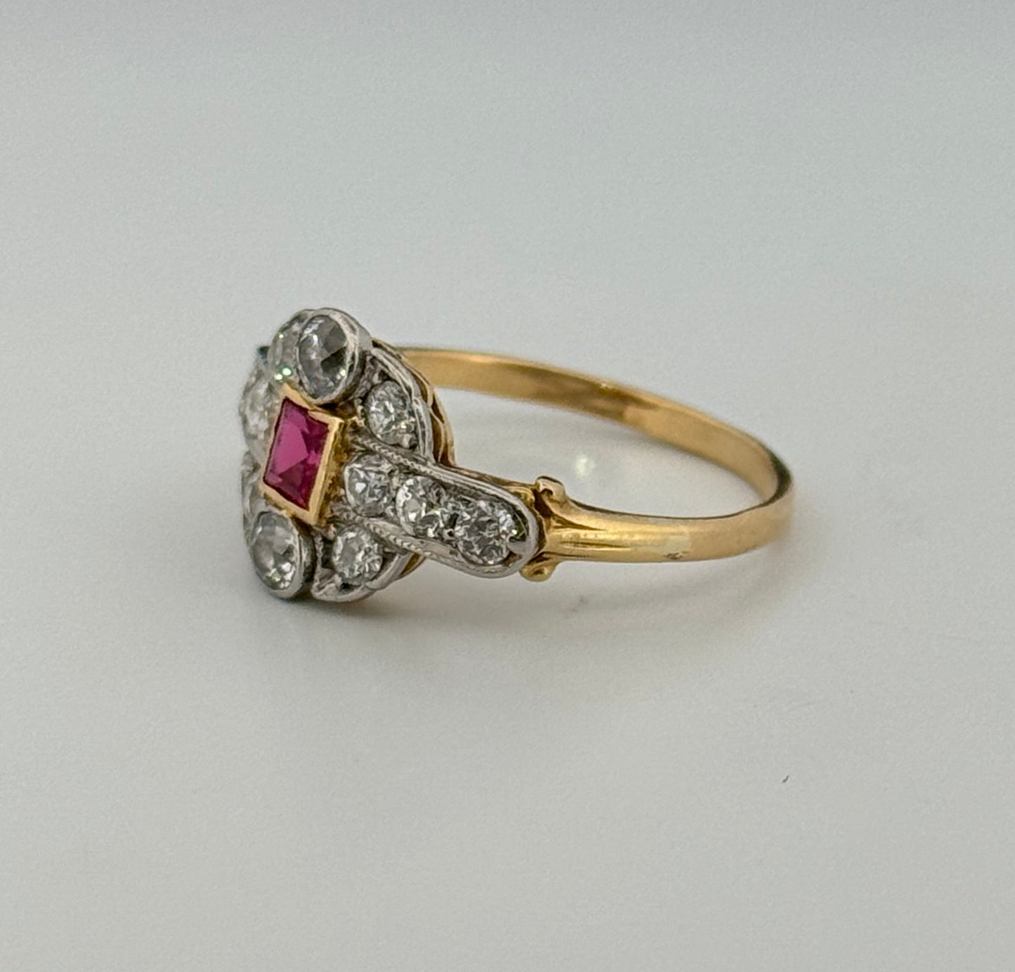 Edwardian 18kt Gold and Platnium Top Natural Diamond and Synthetic Ruby Ring