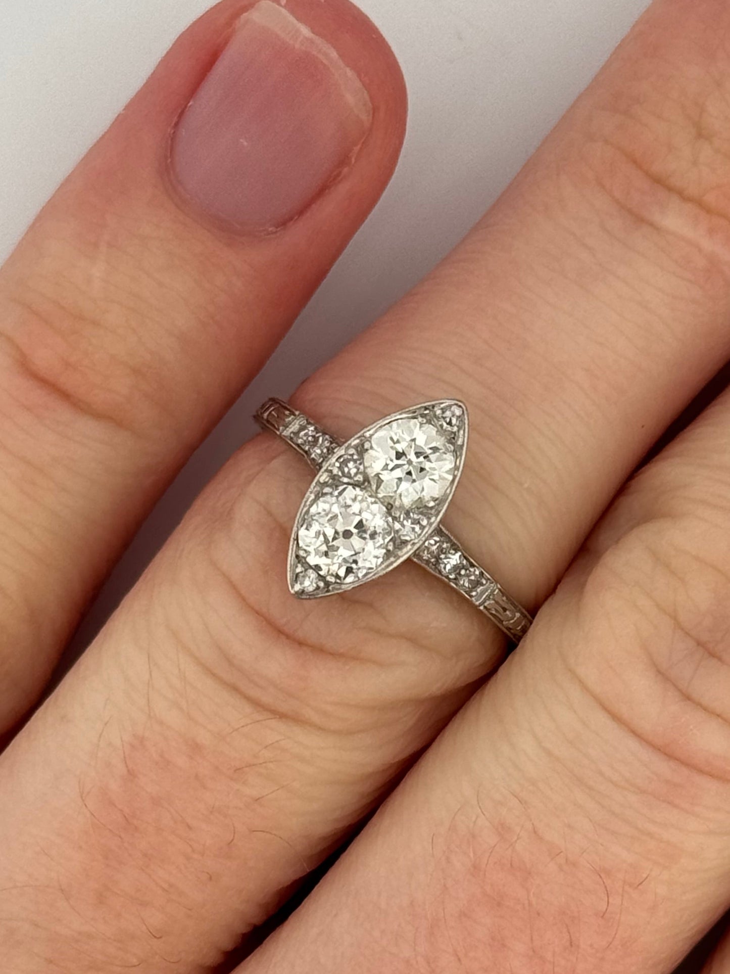 Antique Art Deco Navette Platinum Diamond Filigree Hand Engraved Ring